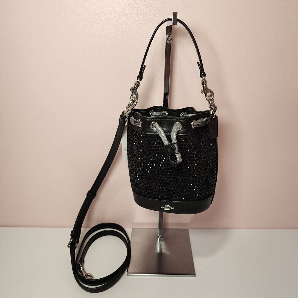NWT COACH CX213 BLACK CRYSTAL MINI BUCKET DRAWSTRING SHOULDER CROSSBODY BAG